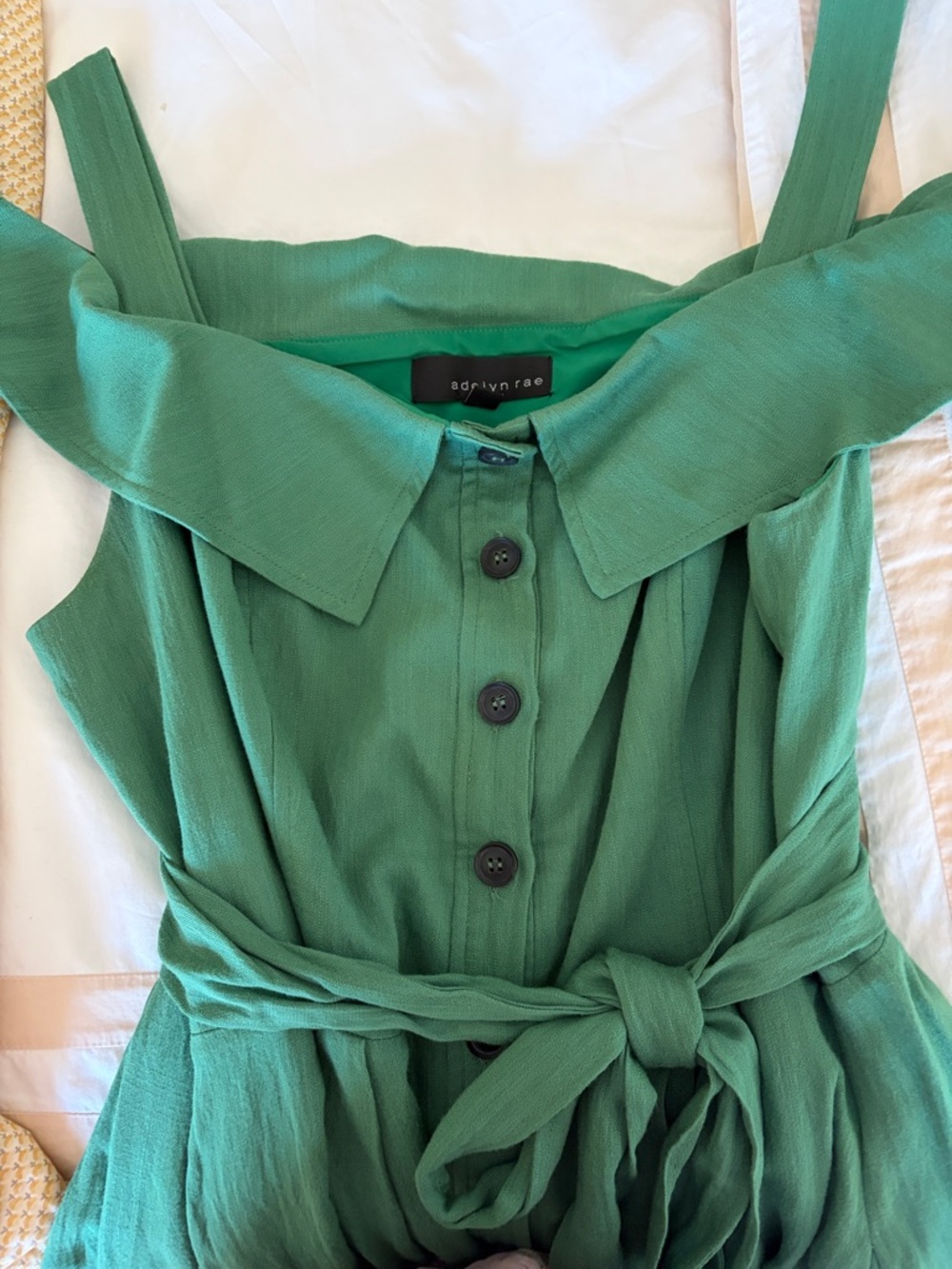 Adelyn Rae Emerald Green Button-Front Tie Waist Dress